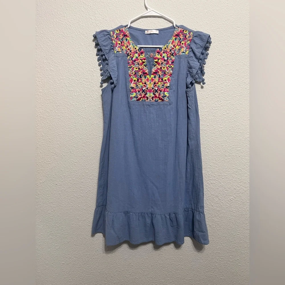 Blue Ruffled Sundress with Embellished Crew Neck - Picture 2 of 7